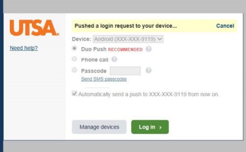 myUTSA ID+ powered by DUO to the two factor authentication method